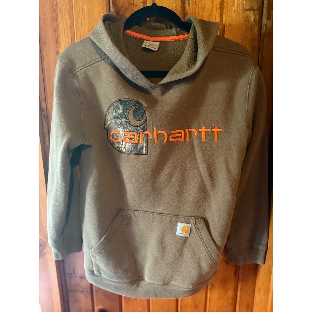 Carhartt Hoodie Camo Logo Orange Kids Pullover Sweatshirt Size‎ L 14-18